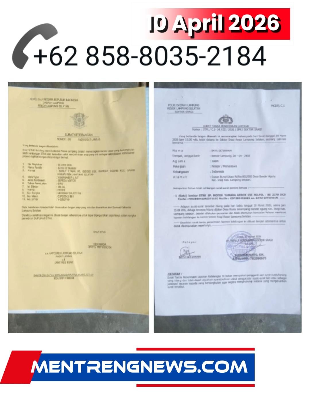BERITA KEHILANGAN! DOKUMEN STNK MOTOR AEROX 155 NOPOL BE 2379 DC DILAPORKAN HILANG