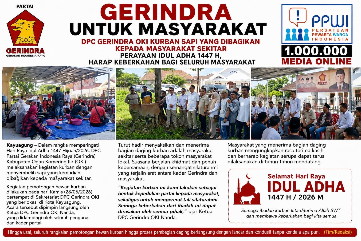 “Gerindra untuk Masyarakat” – DPC Gerindra OKI Kurban Sapi yang Dibagikan Kepada Masyarakat Sekitar Perayaan Idul Adha 1447 H, Harap Keberkahan Bagi Seluruh Masyarakat
