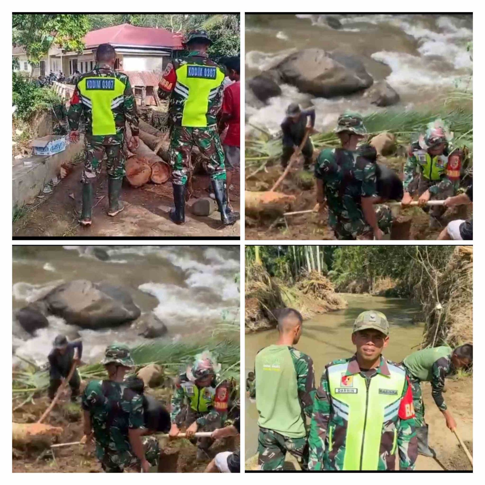 Menjelang Kedatangan Jembatan Bailey, Personel Kodim 0307/TD dan Warga Lintau Buo Bangun Jembatan Darurat Melalui Goro Massal