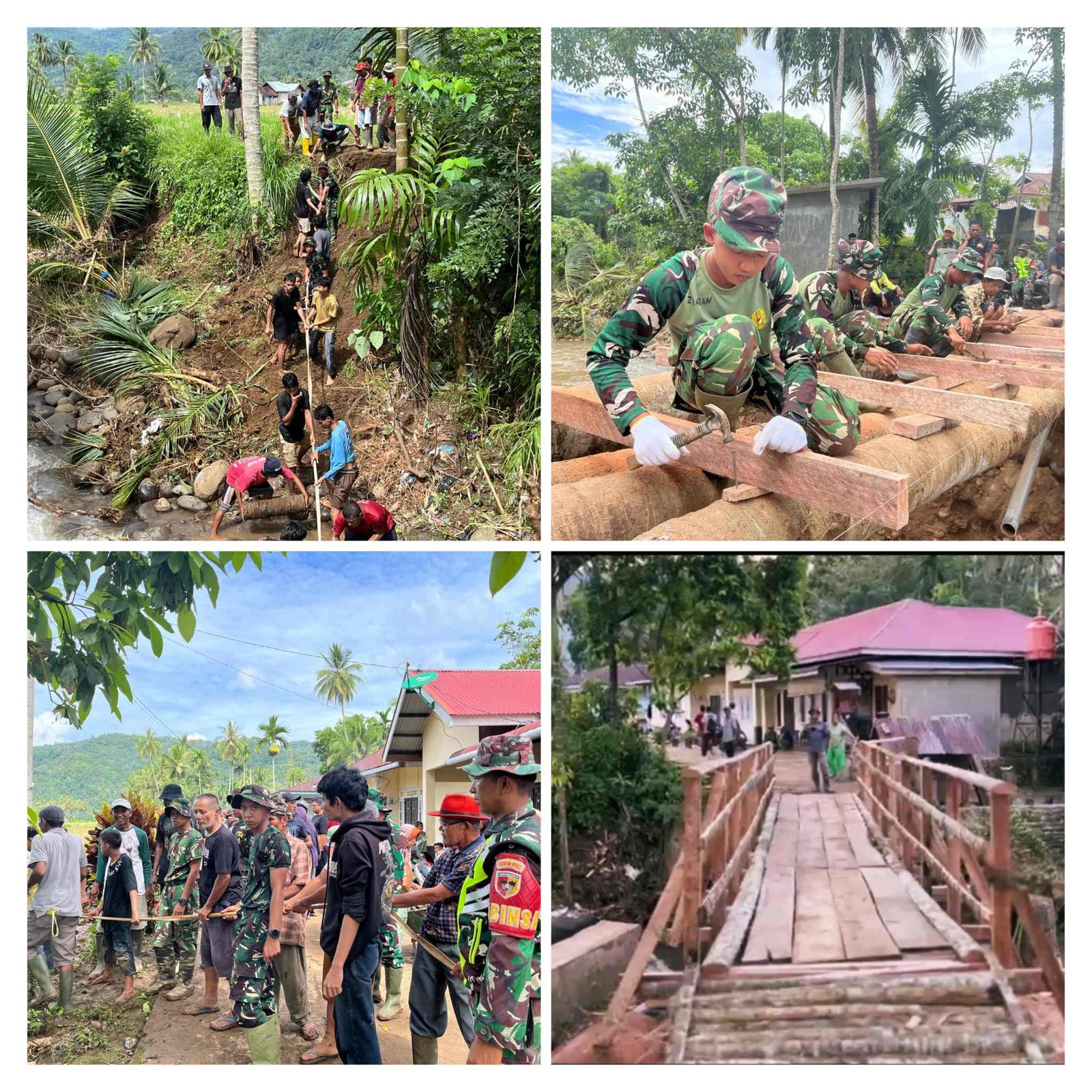Babinsa dan Yonif TP 951/Pandeka Marapi Bersama Warga Cepat Tanggap, Bangun Jembatan Darurat Pasca Banjir di Lintau Buo