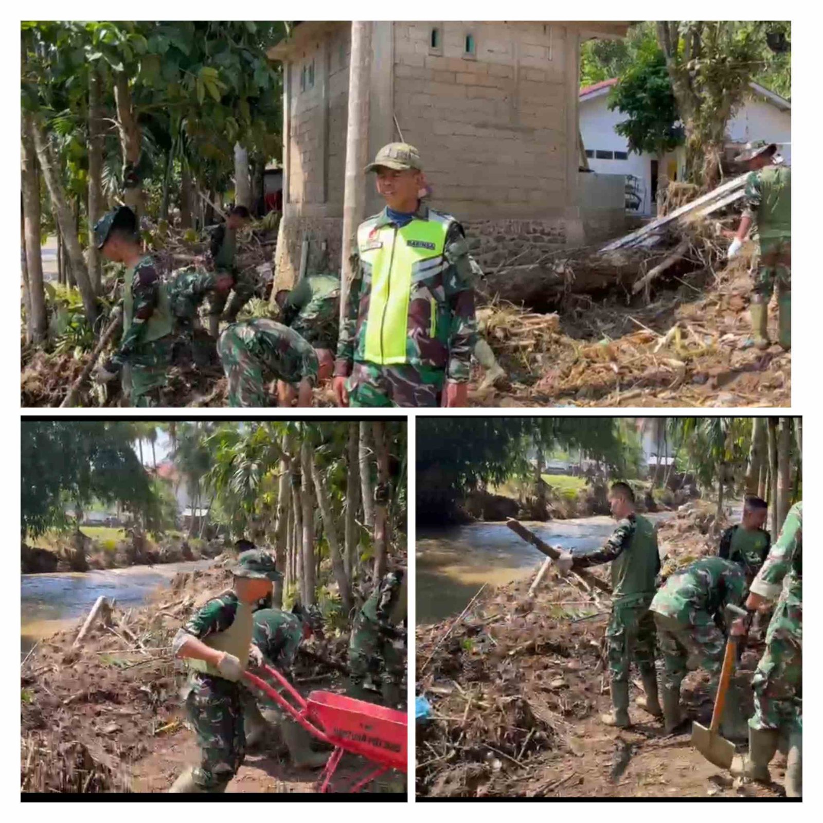 Sinergi TNI-Rakyat, Babinsa Nagari Taluak dan Yonif TP 951/Pandeka Marapi Bersihkan Bantaran Sungai dari Tumpukan Sampah Pasca-Banjir