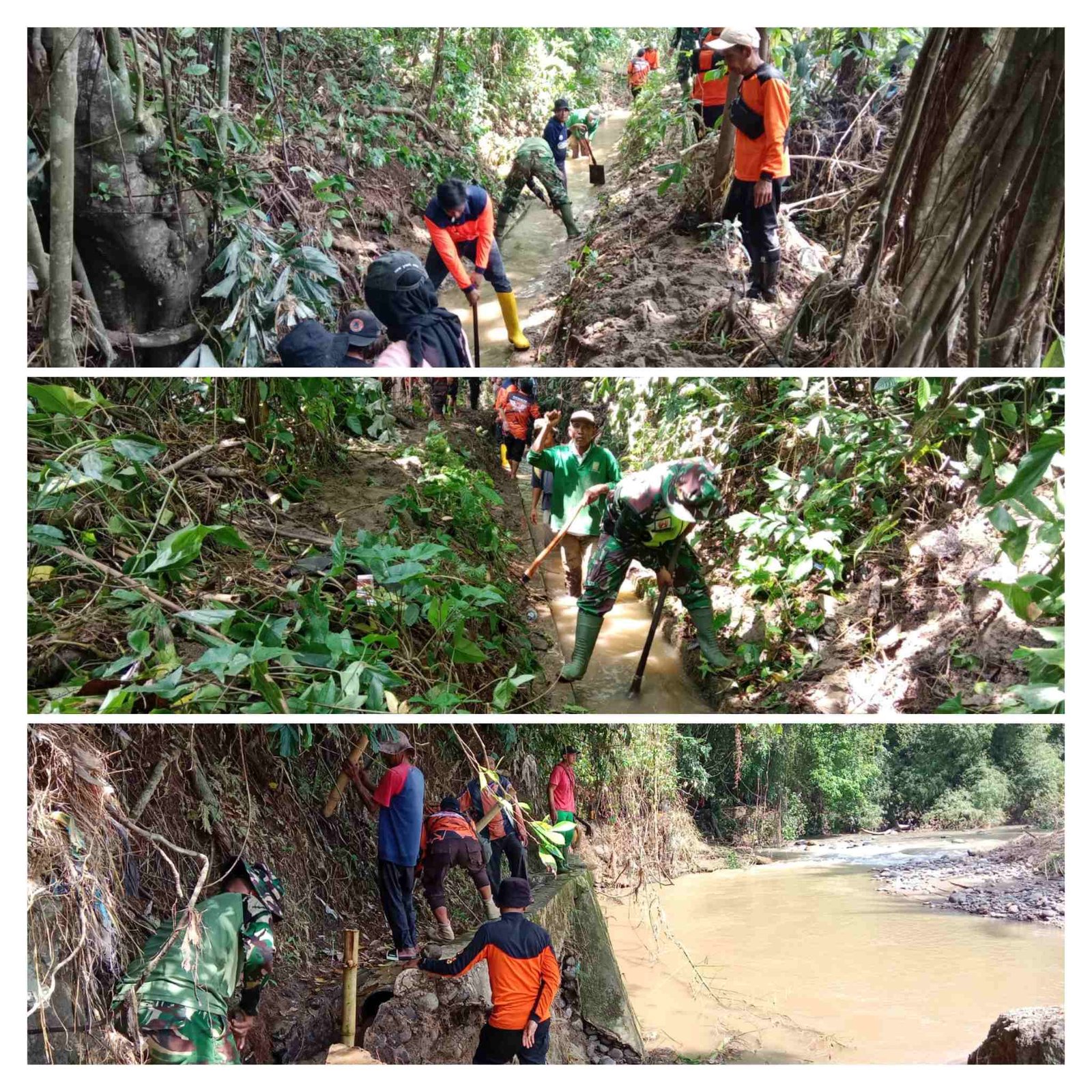 Babinsa Koramil 04/Lintau Buo Bersama Yon TP 951/Pandeka Marapi dan Warga Bersihkan Saluran Irigasi Terdampak Longsor