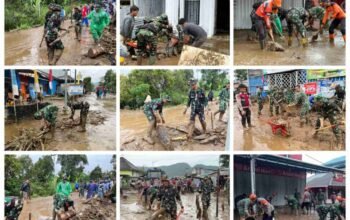 Yonif TP 951/Pandeka Marapi Geeak Cepat Bantu Penanganan Banjir di Kabuparen Solok